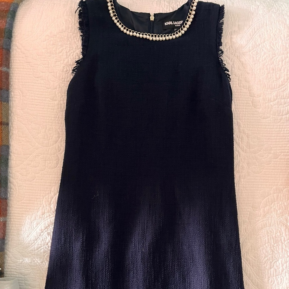 Karl Lagerfeld Paris Navy Blue Tweed Shift Pearl Dress